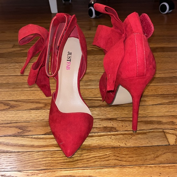 Women’s red justfab stiletto heels with bow detail on ankles - Picture 4 of 5